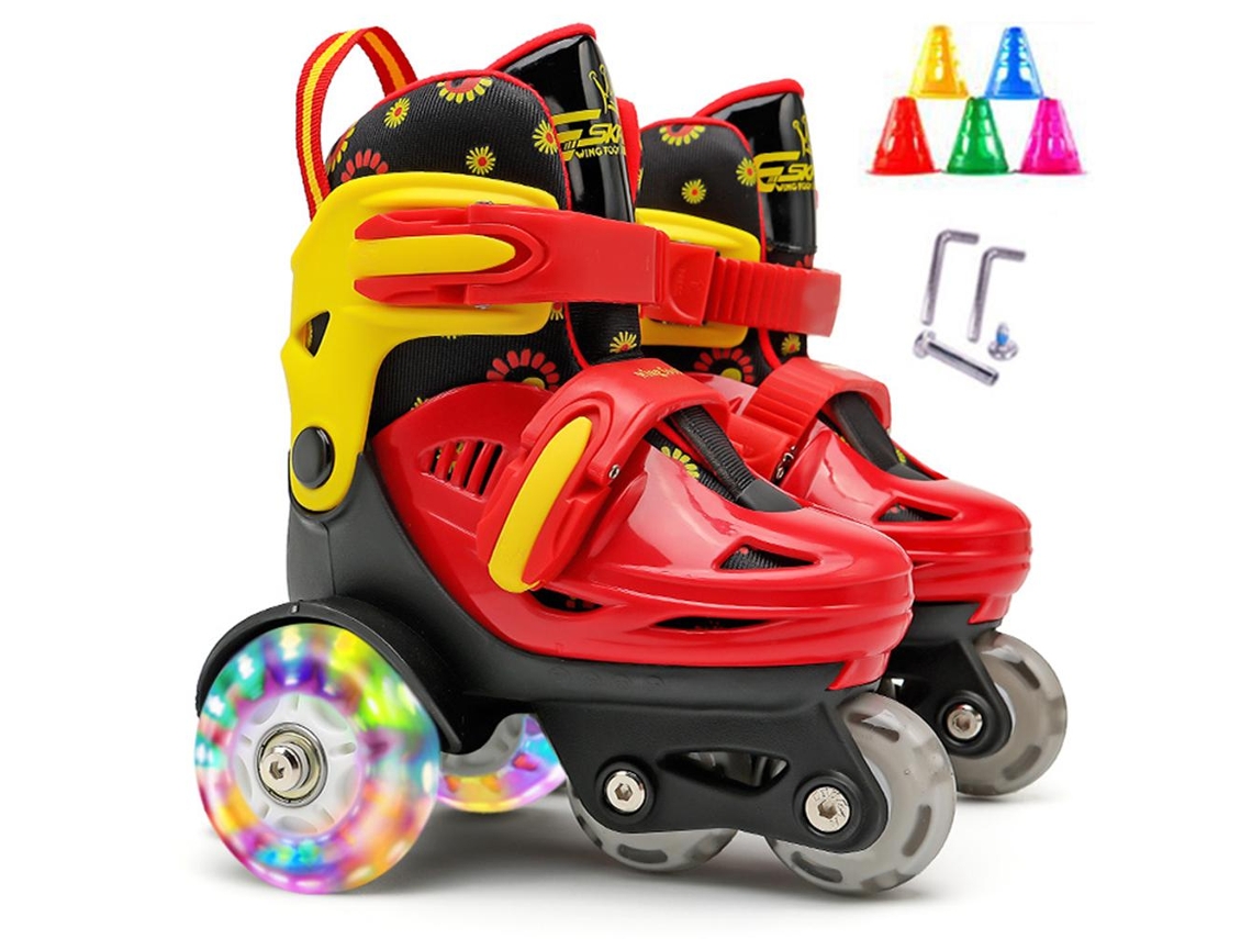 Patins Quad Para Crianças Com Rodas Luminosas Ajustáveis Tamanhos E Freios Duplos 3 Pontos Equilíbrio