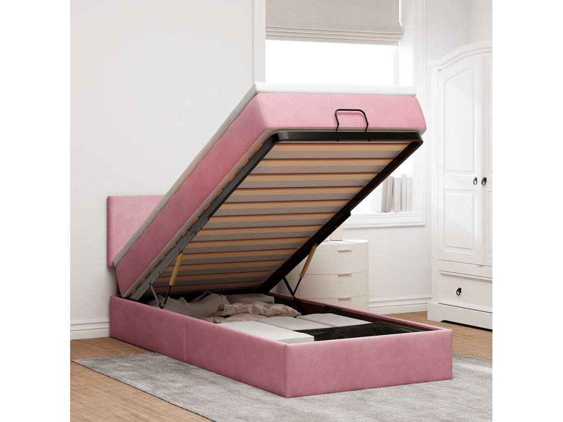 Vidaxl Estrutura De Cama Otomana Com Colchão Rosa 90x200cm Veludo