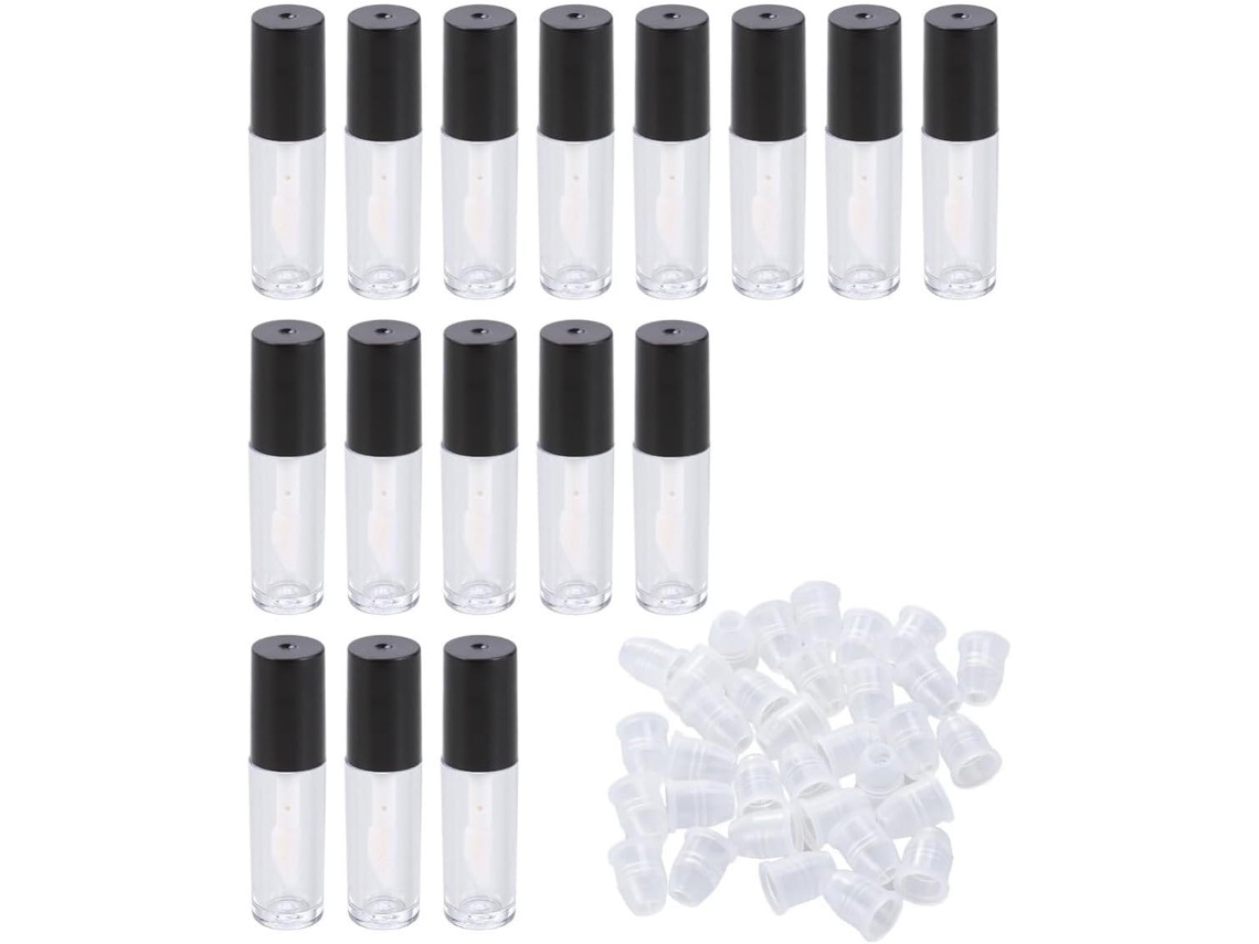 Frascos vazios de brilho labial, tubos recarregáveis em plástico branco claro.