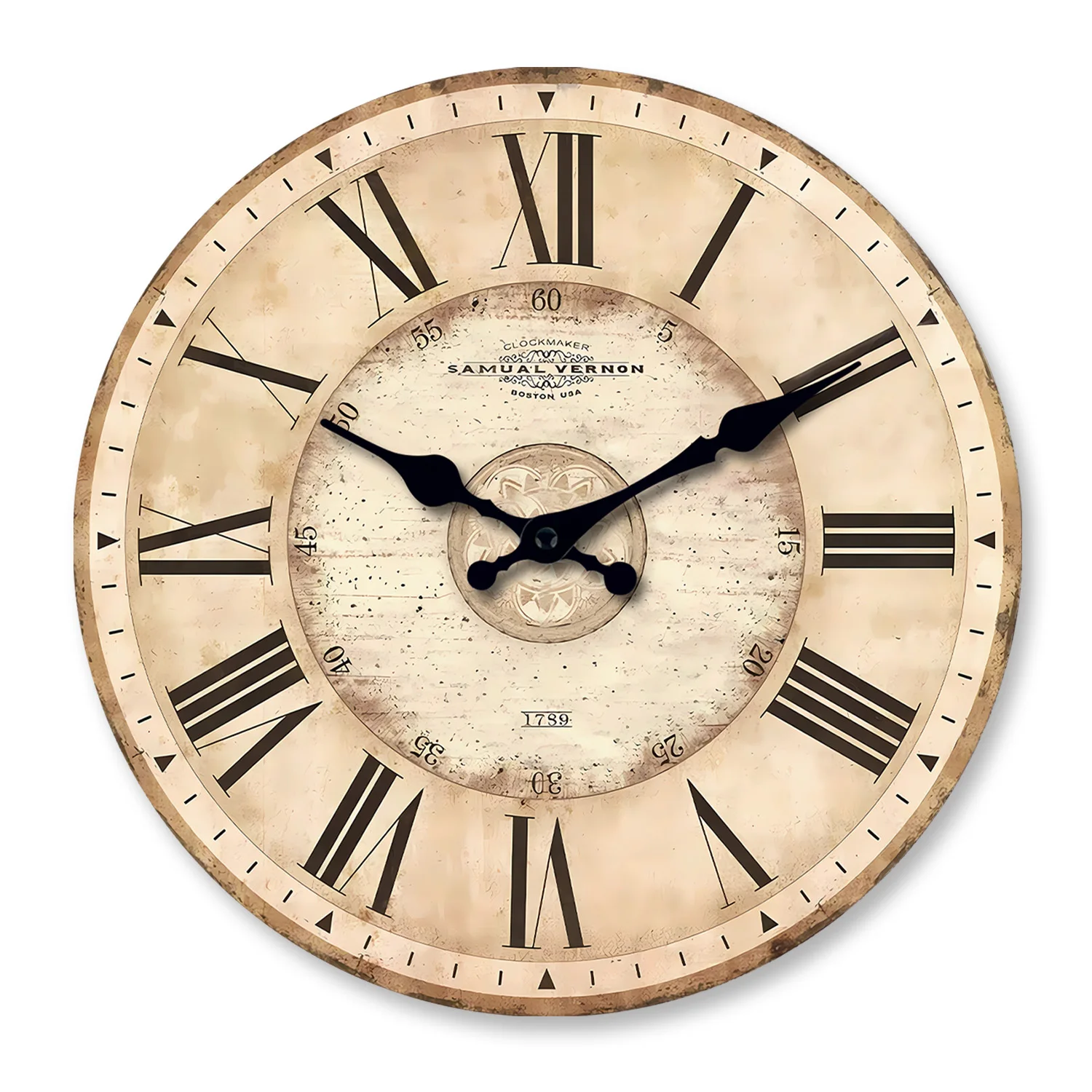 Relógio de parede de madeira com numerais romanos, estilo retrô americano (30 cm), relógio de quartzo silencioso
