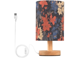 Abajur De Mesa Cilíndrico Retrô Com Flores Clematis Azuis E Vermelhas Porta Usb