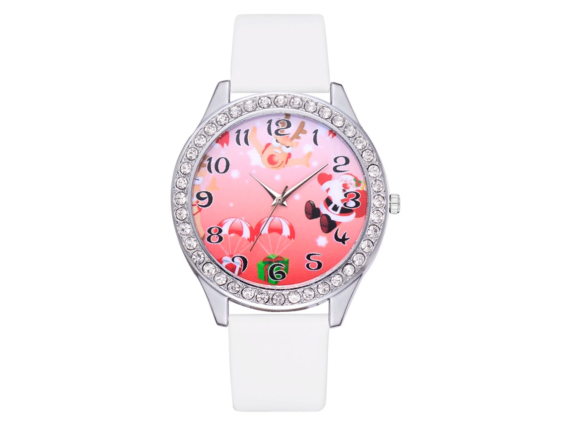 Relógio de Pulso Feminino Casual de Quartzo com Pulseira Pu Padrão Natalino Bonito Presente