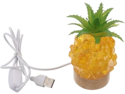 Luminária de mesa em formato abacáxi com base de vidro amarelo e madeira, versátil para uso em escrivaninhas.