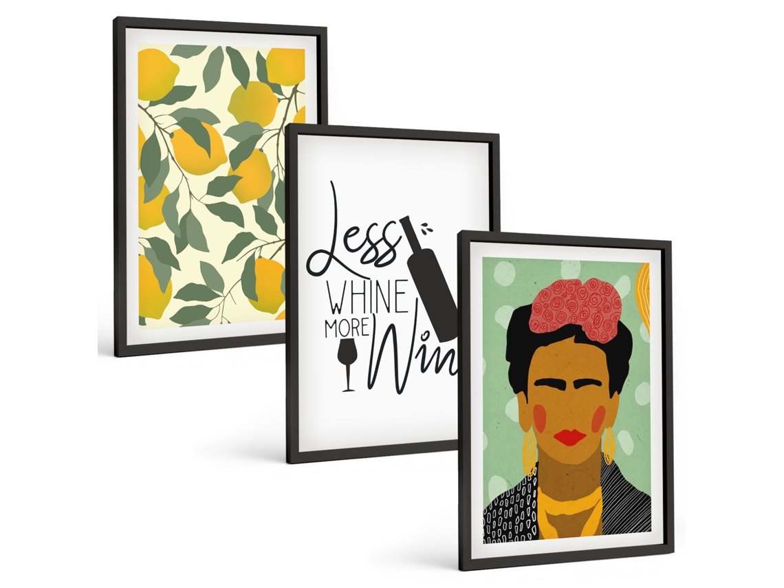 Conjunto De Pinturas Limões, Vinho, Retrato De Frida Espelharte (3 Peças 40x60 Cm)