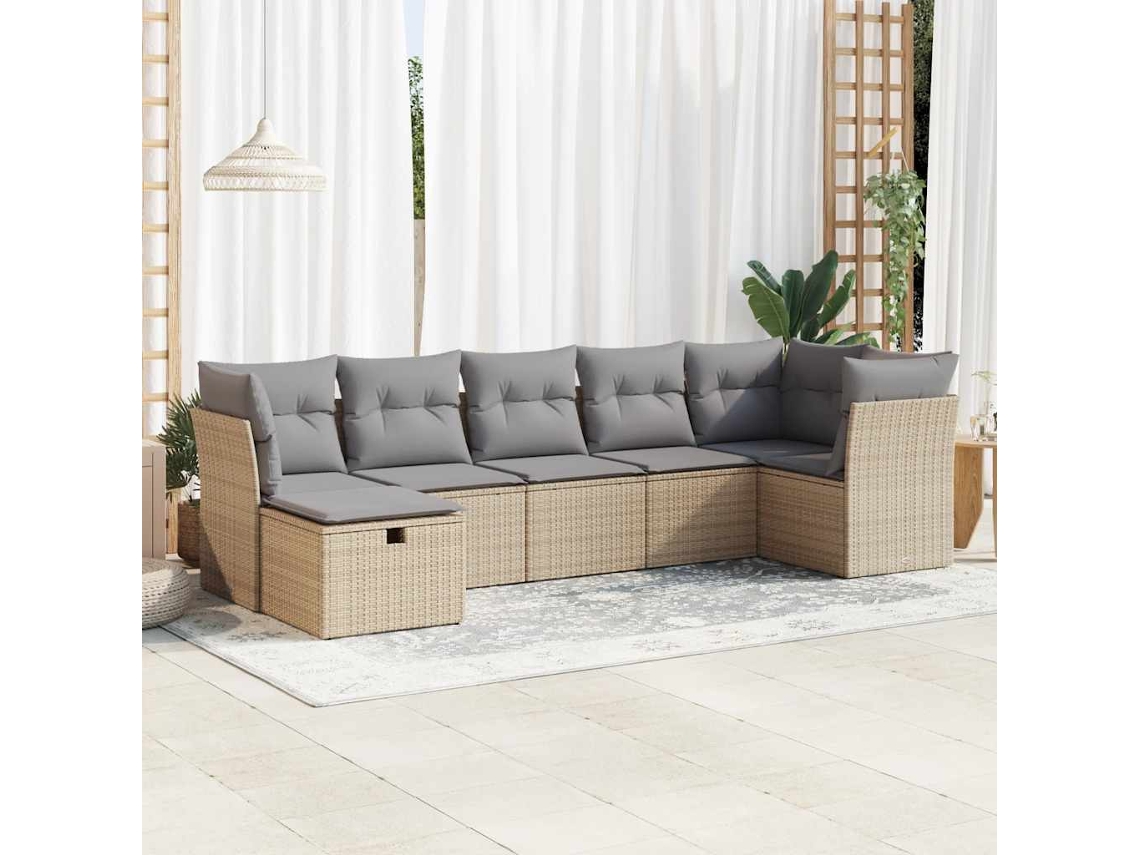 Vidaxl 7 Pcs Conjunto De Sofás P/ Jardim Com Almofadões Vime Pe Bege