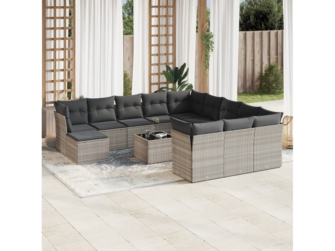 Vidaxl 13 Pcs Conj. Sofás Jardim C/ Almofadões Vime Pe Cinzento-claro
