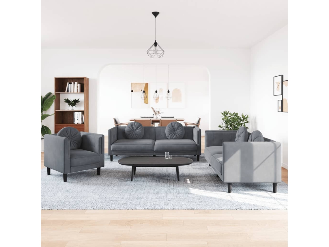 Vidaxl 3 Pcs Conjunto De Sofás Com Almofadas Veludo Cinzento-escuro
