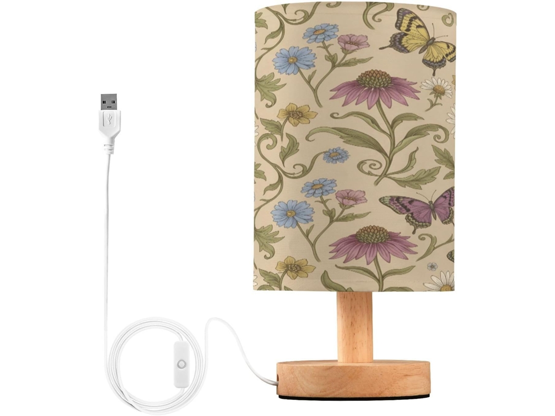 Abajur De Cabeceira Com Flores E Borboletas, Luminária De Cabeceira Led, Luminária De Leitura Com Portas Usb E Cúpula