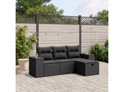 4 Pcs Conjunto de Móveis de Jardim - Conjunto de Sofás para Jardim C/ Almofadões Vime Pe Preto HARLANV1