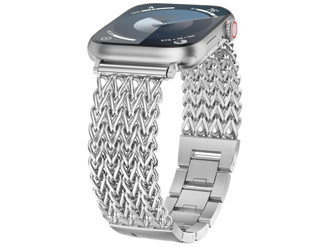 Bracelete Para Apple Watch 46/49/45/44mm - Aço Inoxidável Trançado Espinha De Peixe Prateada