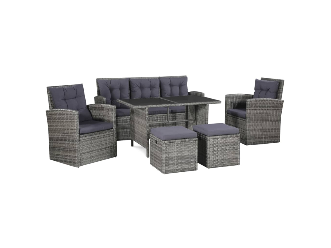 6 Pcs Conjunto Lounge De Jardim C/ Almofadões Vime Pe Cinza Dkd Home Decor