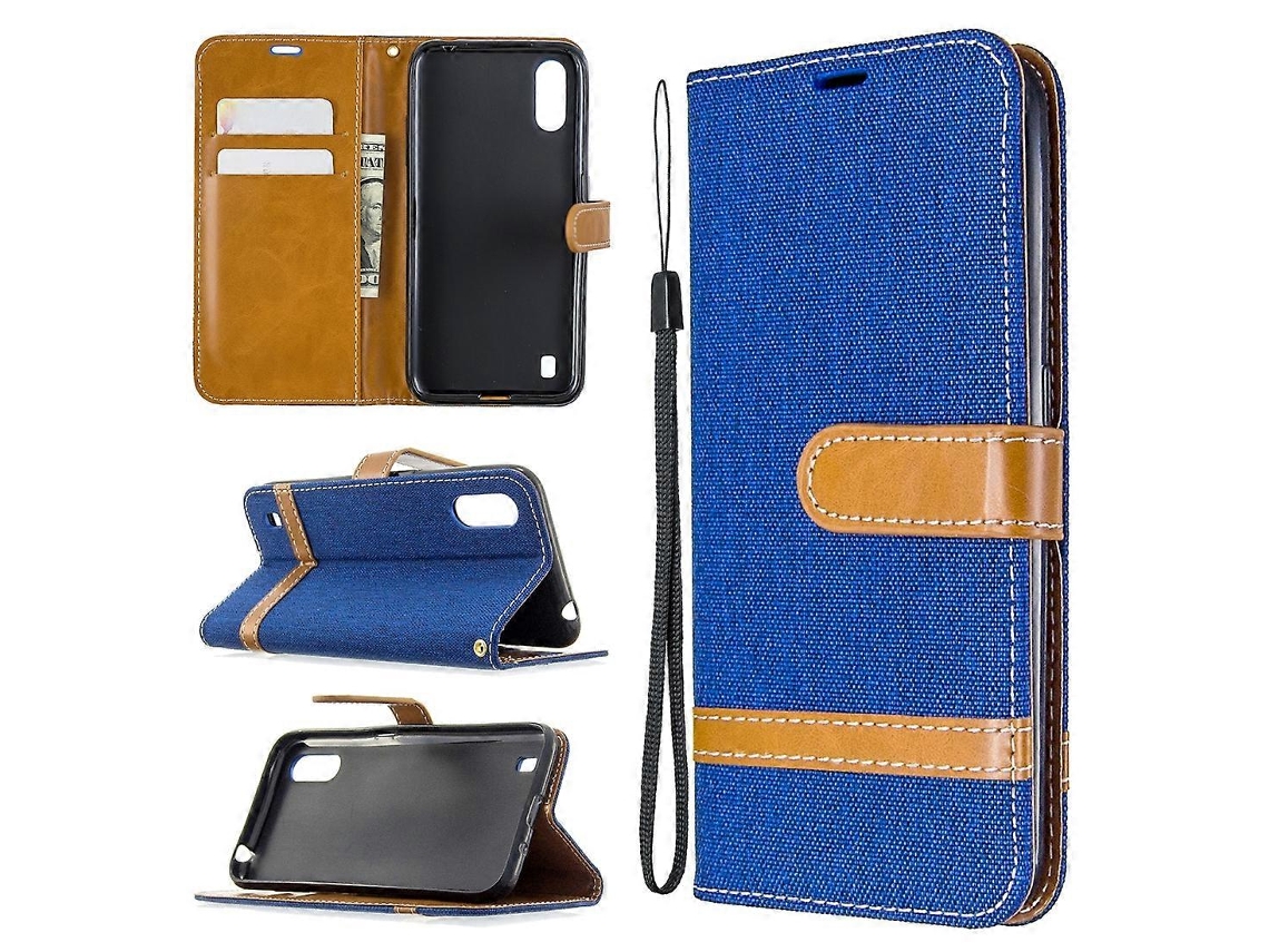 Capa De Couro Com Textura De Jeans Na Cor Do Carro, Com Aba Horizontal, Suporte, Compartimentos Para Cartões, Carteira E Cordão Para Galaxy A01.