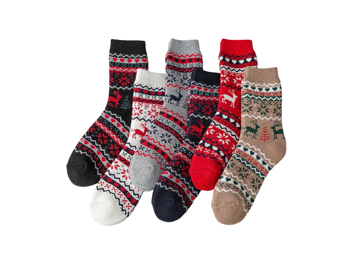 Meias De Lã Estilo Escandinavo Para Mulheres, Meias Quentes De Inverno Com Motivos De Alce, 6 Pares, Presente De Natal. Loja Olysi