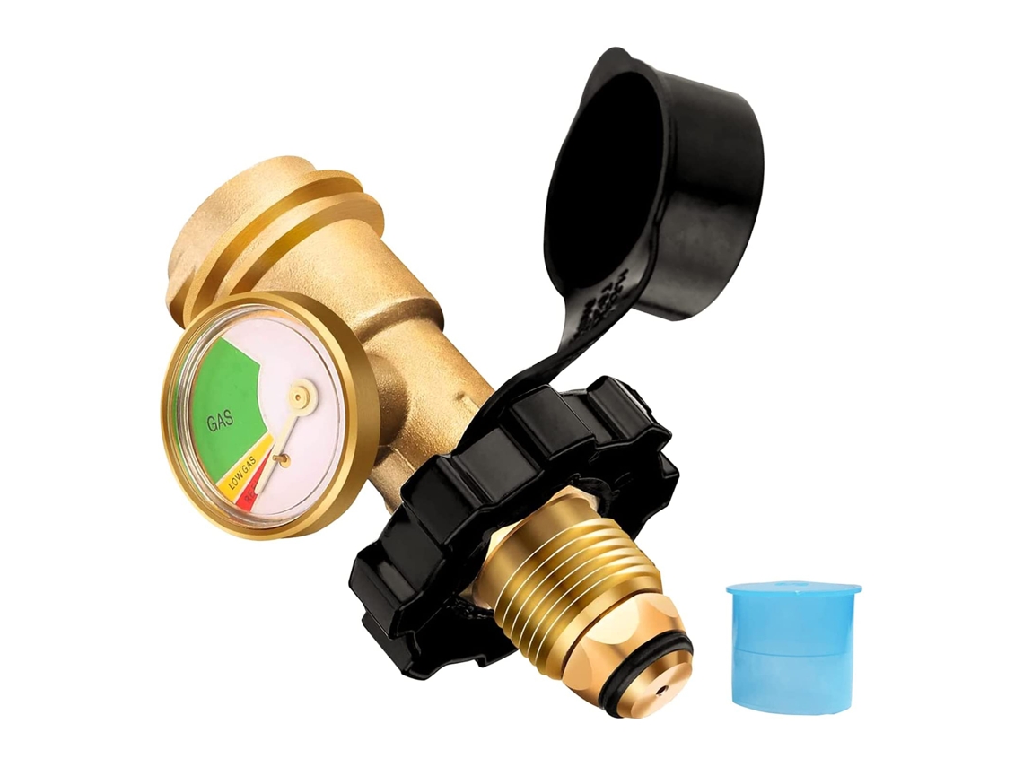 Adaptador universal para botijão de propano com manômetro, converte válvulas de botijão de propano de POL para QCC1 para churrasqueiras de trailers e motorhomes.