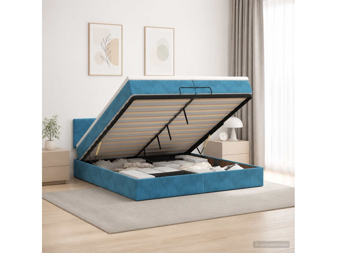 Vidaxl Cama Ottoman Com Colchão Azul Escuro 200 X 200 Cm Veludo