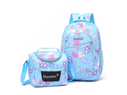 Conjunto De Duas Peças De Mochila Infantil Com Estampado De Coelhos Azuis E Corações: Mochila Escolar Com Alças E Lancheira Térmica