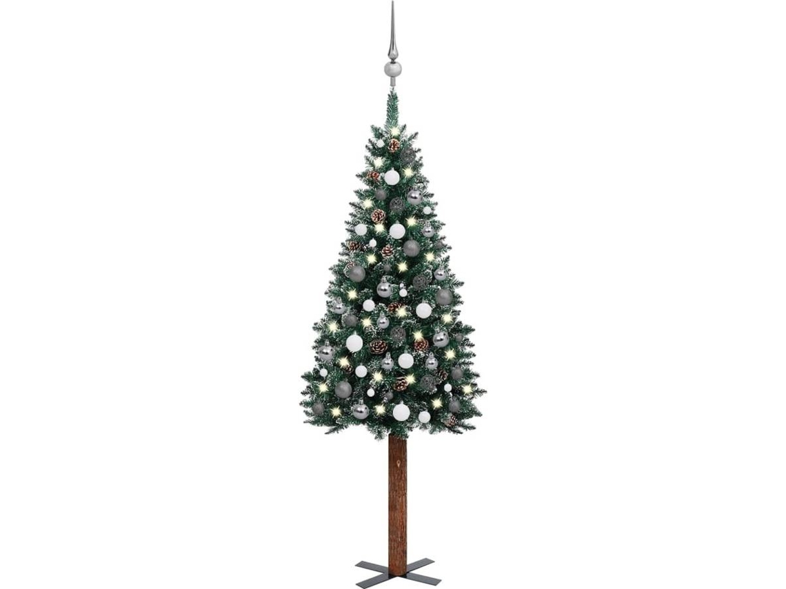 vidaXL Árvore de Natal fina c/ luzes LED e bolas 150 cm verde 