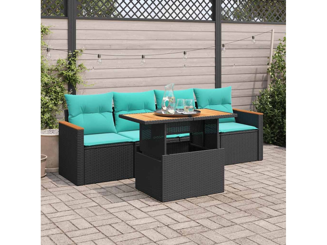 Vidaxl 5 Pcs Conjunto Sofás De Jardim Com Almofadões Vime Pe Preto