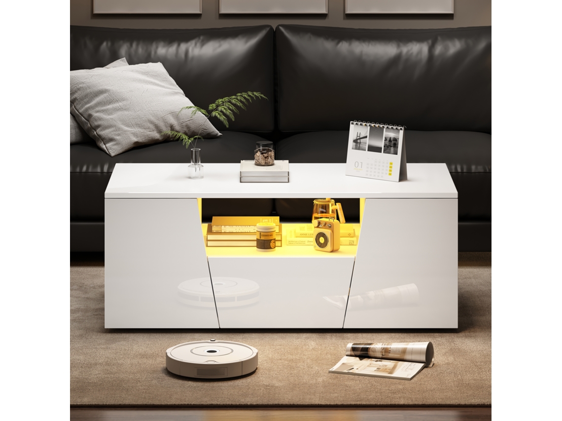 Mesa De Centro De 100*50*40cm, Com Luz Led, 2 Armários E 1 Gaveta.