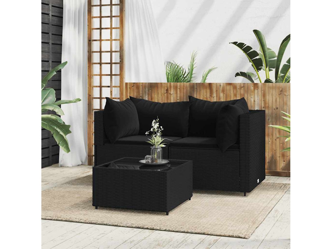 3 Pcs Conjunto Lounge De Jardim C/ Almofadões Vime Pe Preto Dkd Home Decor