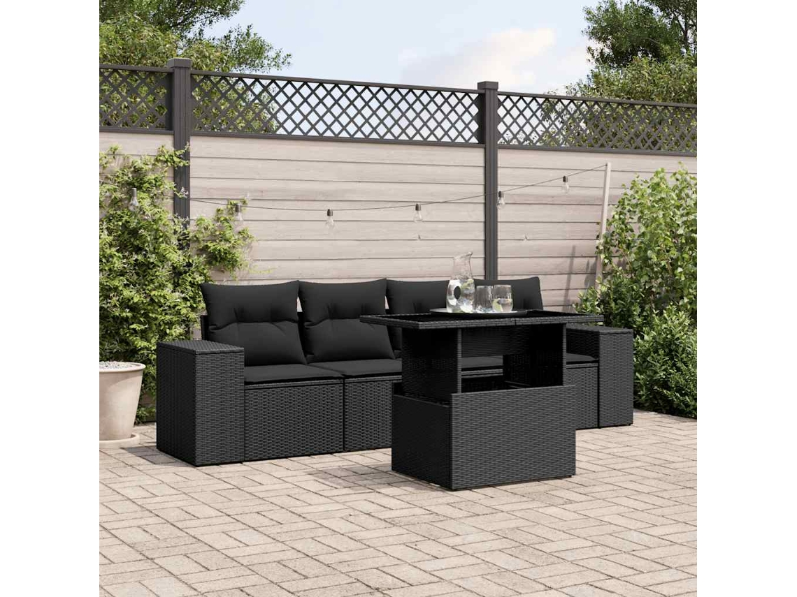 Vidaxl 5 Pcs Conjunto Sofás De Jardim Com Almofadões Vime Pe Preto