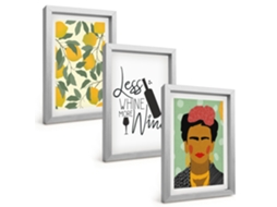 Composição De Quadros Limões, Vinho, Retrato De Frida Espelharte (3 Peças 20x30 Cm)
