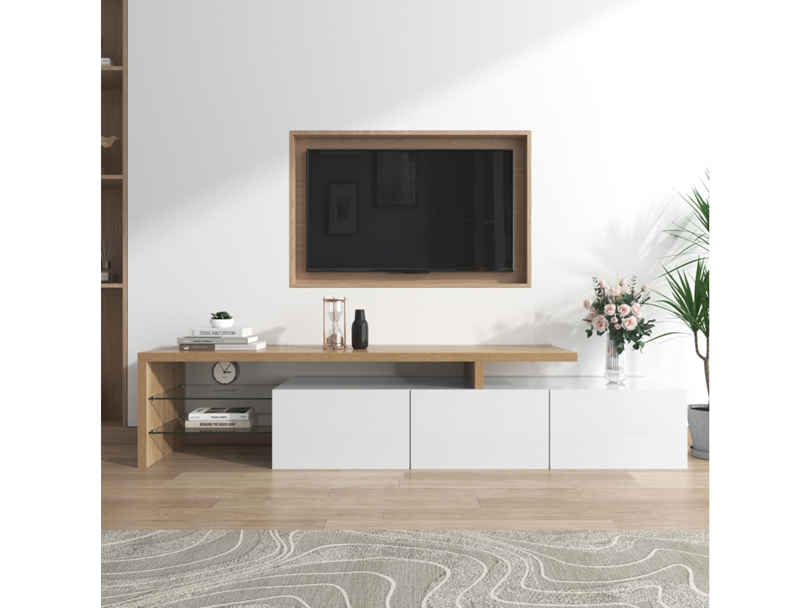 Móvel De Tv Moderno Com Design Elegante E Prático Armazenamento Em Branco Brilhante E Iluminação Led Mega Echo Trade Shop
