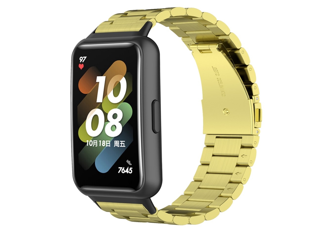 Bracelete de Aço Inoxidável Três Contas com Fivela para Huawei Band 7 Ouro