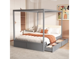 Cama Himmelbett 140x200cm Gavetas Grandes Encosto Macio Madeira Cinza