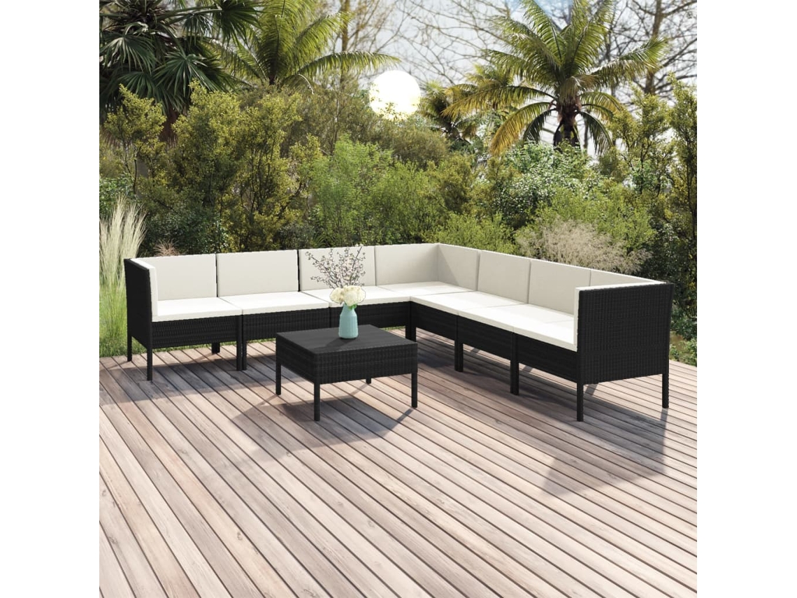 8 Pcs Conjunto Lounge De Jardim C/ Almofadões Vime Pe Preto Dkd Home Decor