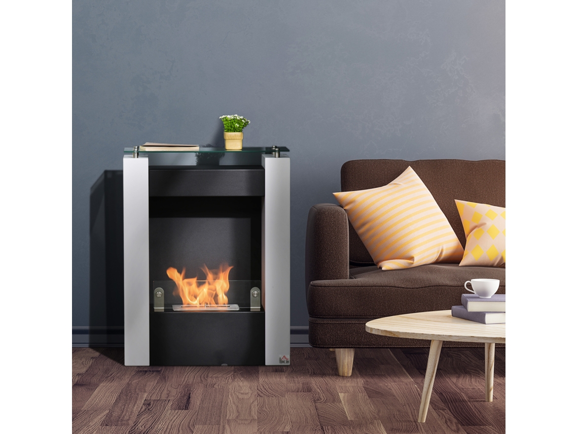 Cheminée Bioéthanol Brûleur 0,9 L Com Plateau De Rangement En Verre Trempé 60 X 20 X 79 Cm Acier Noir Et Blanc