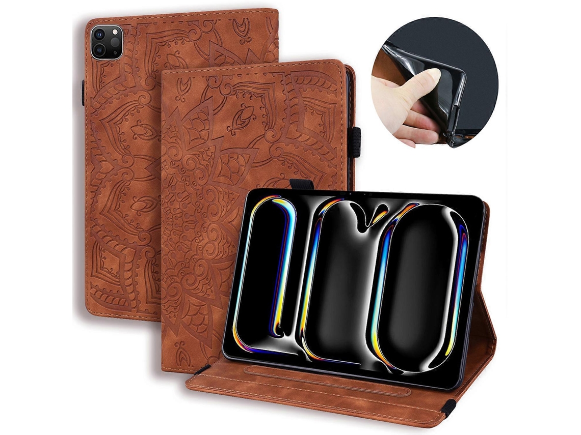 Capa Hengrongshen para iPad Pro 11, capa de couro com estampa floral e função de despertar/repouso automático, marrom (2024)