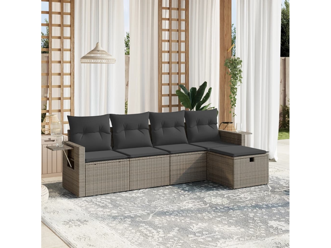 Vidaxl 5 Pcs Conjunto Sofás De Jardim C/ Almofadões Vime Pe Cinzento