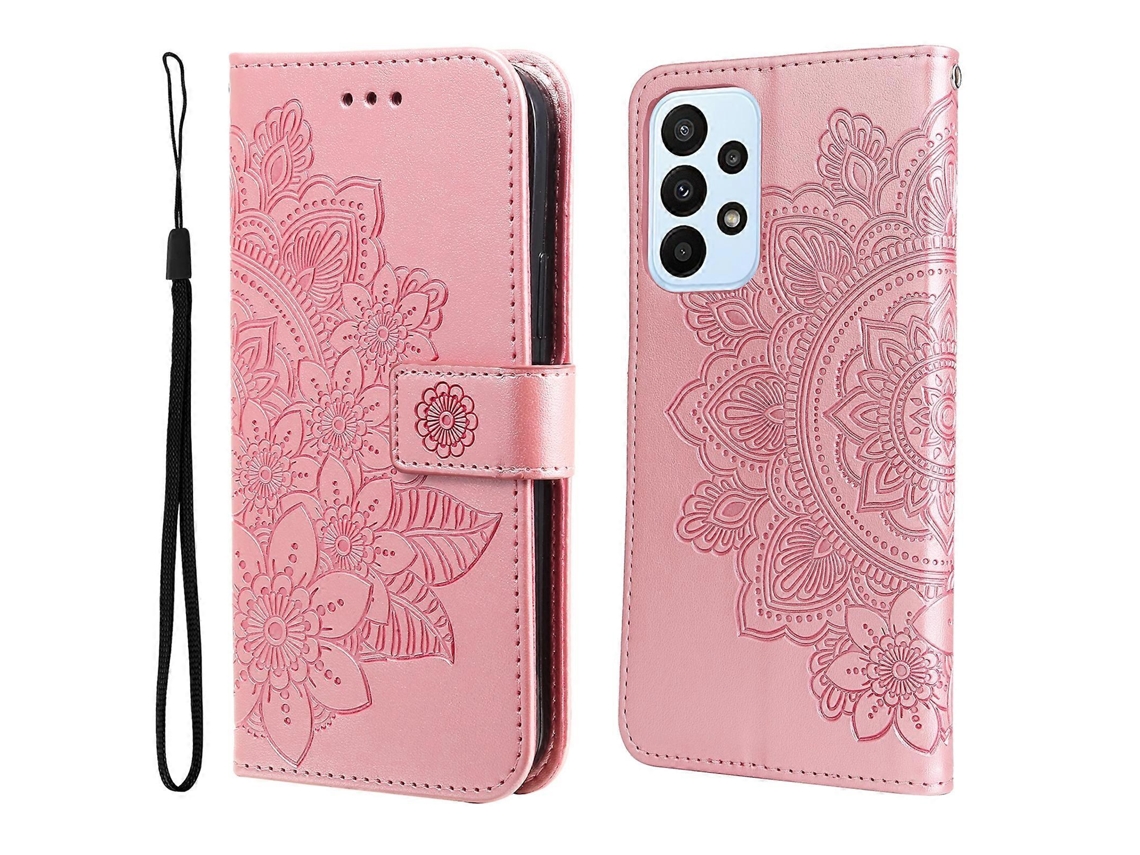 Capa De Couro Com Aba Horizontal E Estampa De Flores De 7 Pétalas Em Relevo Para Samsung Galaxy A23 / Galaxy M23 / Galaxy F23