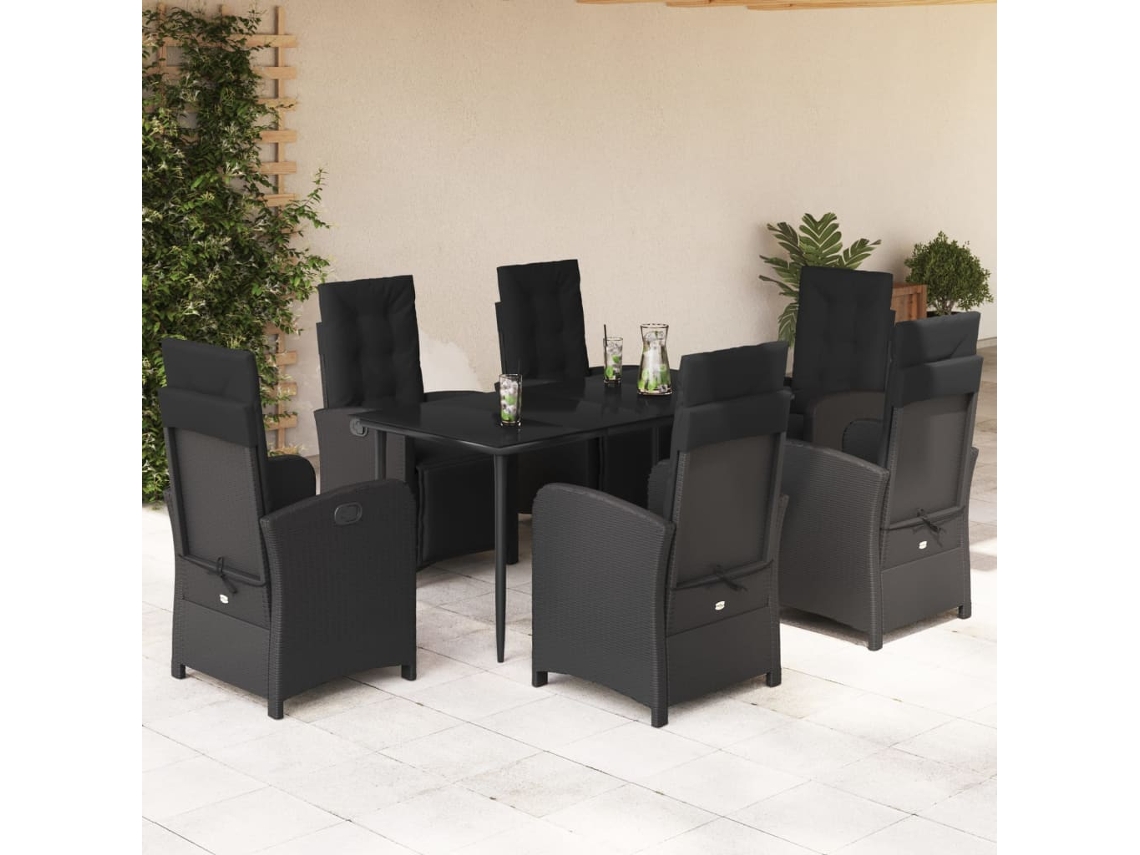 7 Pcs Conjunto De Jantar P/ Jardim C/ Almofadões Vime Pe Preto Dkd Home Decor