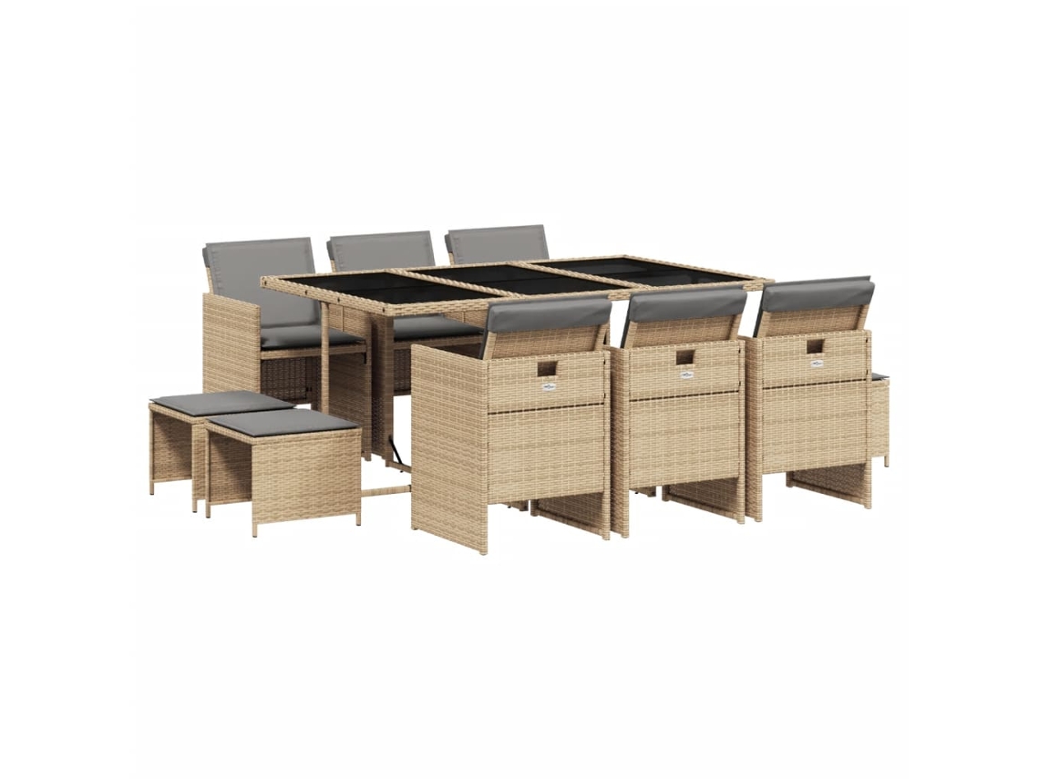 Conjunto de 11 Jantar para Jardim com Almofadões Vime Pe Bege Misturado MAISON EXCLUSIVE