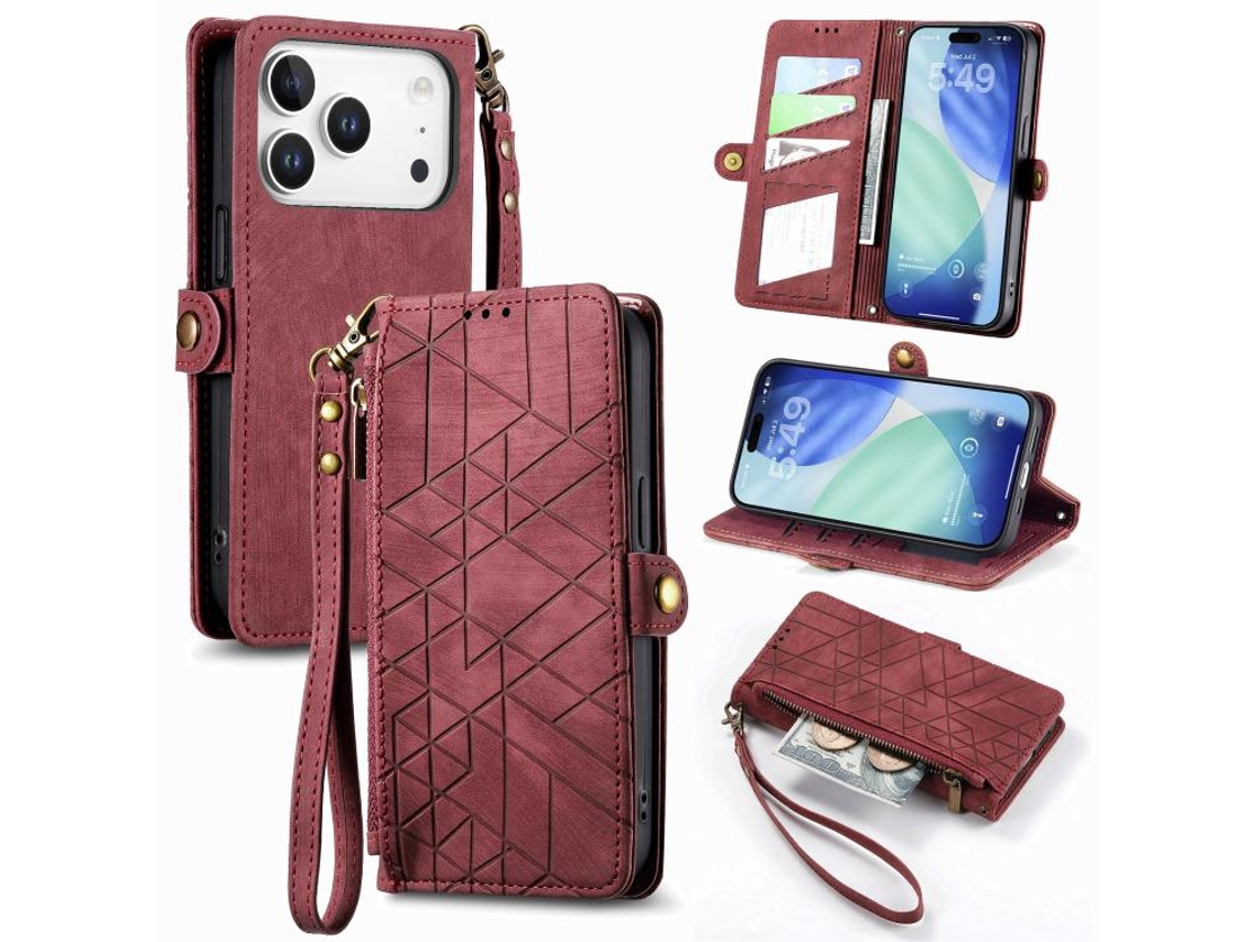 Capa De Couro Para Iphone 17 Pro Max Com Zíper Geométrico E Fivela Lateral.