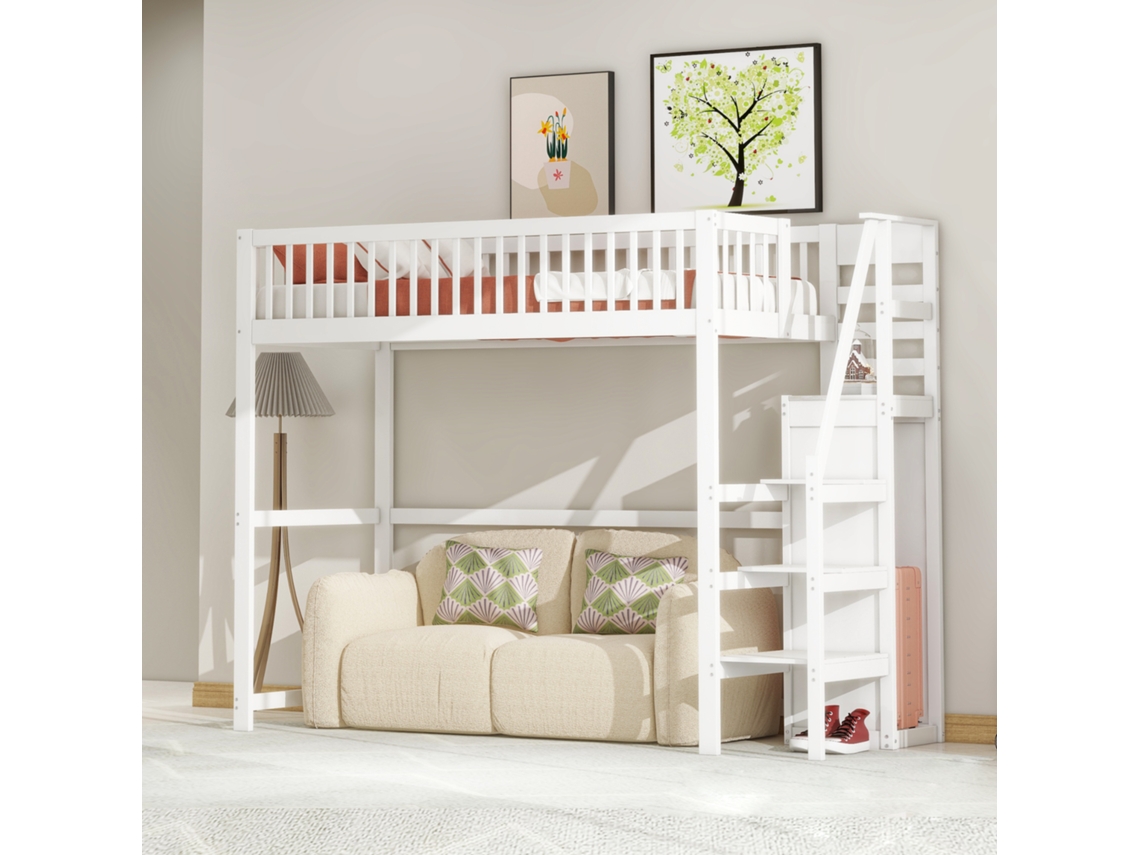 Cama Loft 90x200 Com Escadas, Berço De Madeira Branca Com Prateleira De Armazenamento, Roupeiro Simples