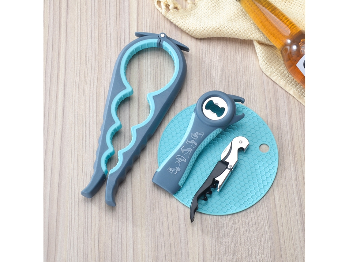 Conjunto de 4 peças para abrir panelas, incluindo abridor de panelas de tamanho ajustável, abridor de vinhos e base antiderrapante. Ciano Hexinyigjly