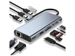 Estação de acoplamento USB-C, hub 11 em 1, HDMI 4K, VGA, USB 3.0, USB-C, porta PD, Ethernet RJ45, AQUAFORGE