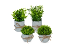 Relaxdays Plantas Artificiais, Conjunto De 4, Em Vaso, Plástico, Pedra, Relva, Alecrim, Buxo, Verde/cinzento