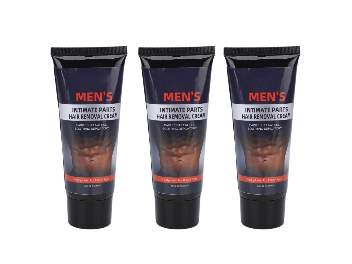 Creme depilatório masculino, 3 unidades de 60ml, suave e indolor, inibe o crescimento de pelos.