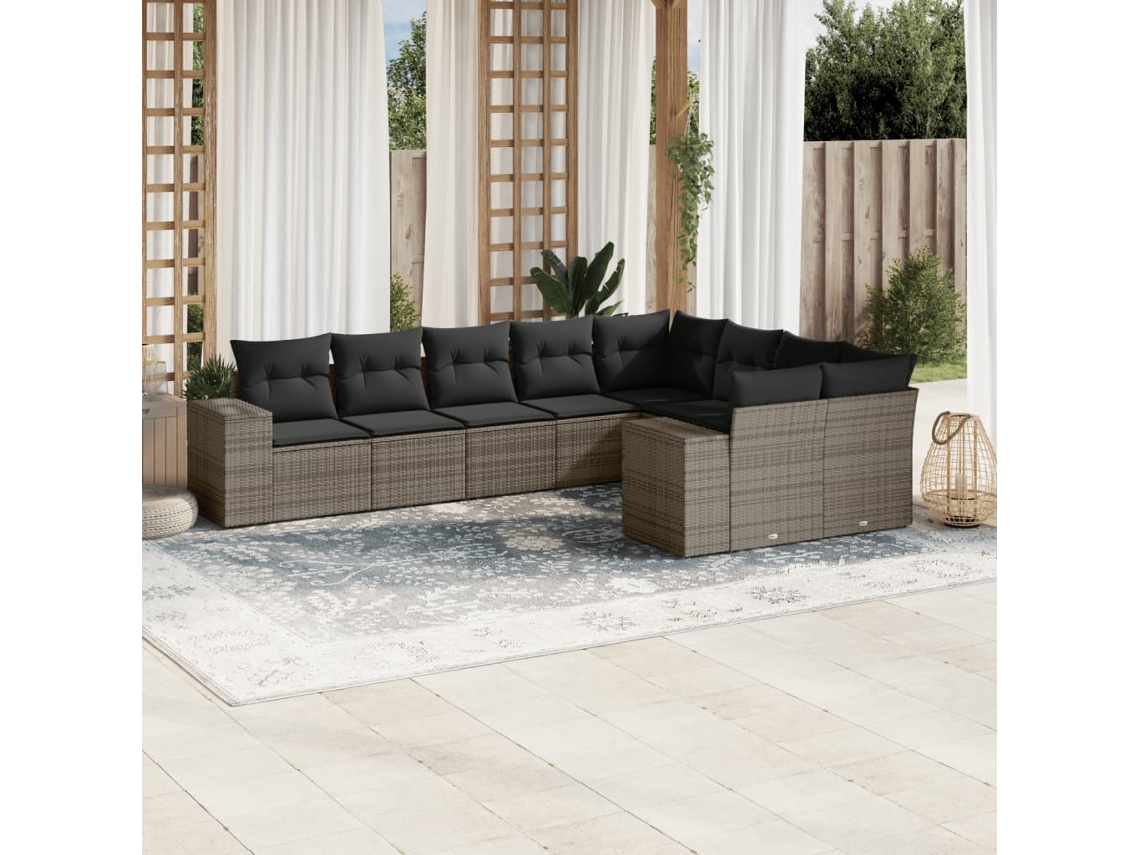 Vidaxl 9 Pcs Conjunto Sofás P/ Jardim Com Almofadões Vime Pe Cinzento