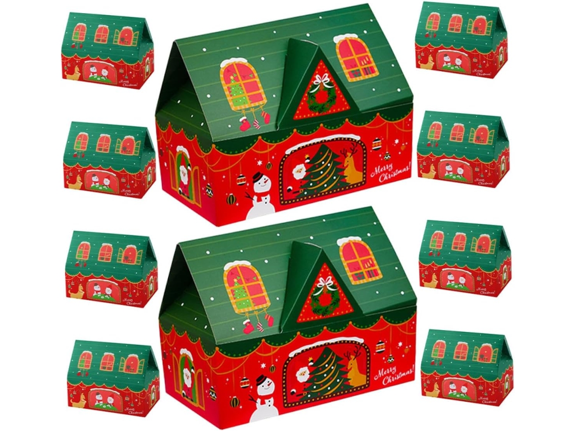 Conjunto De 10 Caixas De Presente De Natal Em Formato De Casa, Caixas De Papel Para Doces E Presentes.
