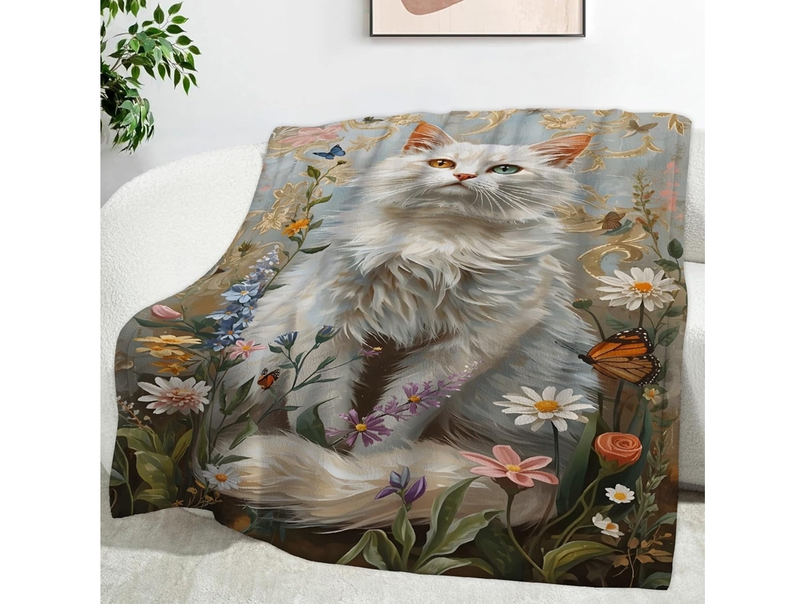 Manta com Estampa de Leão e Gato Margaridas 100x130 Cm Multifuncional Macia Aconchegante em Flanela Ideal para