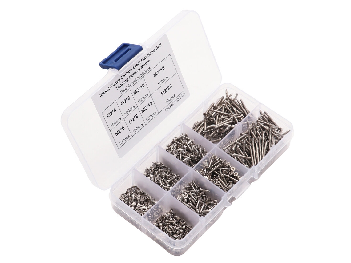 Kit 800 Parafusos M2 Sortidos Autoatarraxantes Cabeça Chata Cruzada M2 Aço Carbono Niquelado com Caixa MDUG