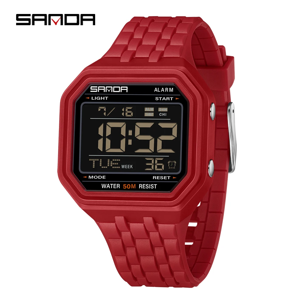 (vermelho) Novo Relógio Digital Esportivo Quadrado Retrô, Relógio Multifuncional Luminoso Masculino Resistente À Água Até 50m