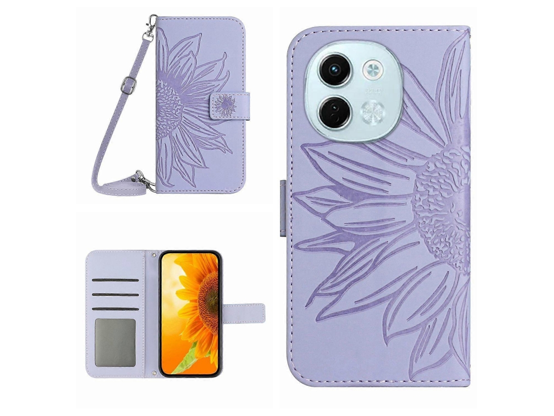 Capa De Celular De Couro Com Estampa De Girassol E Cordão Skin Feel