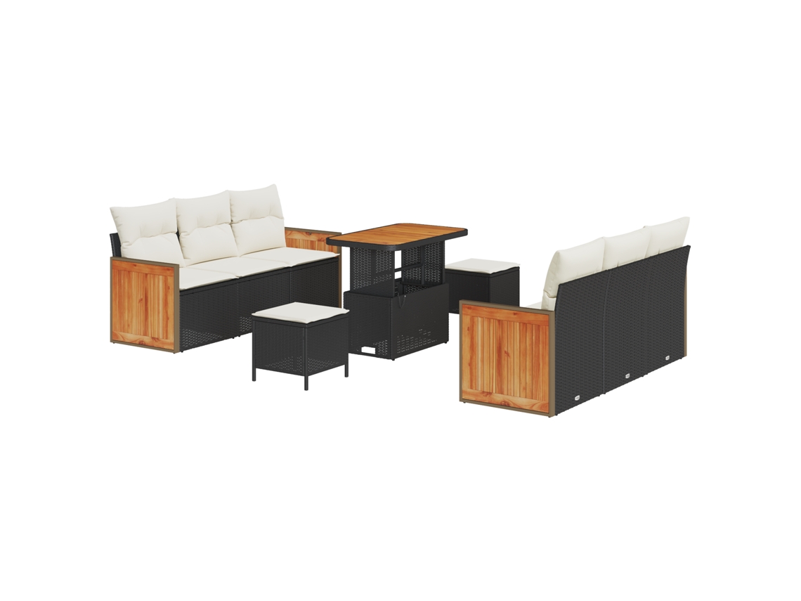 Conjunto 9 Sofá De Jardim Vidaxl Preto Vime Pe (173 X 62 X 85 Cm)