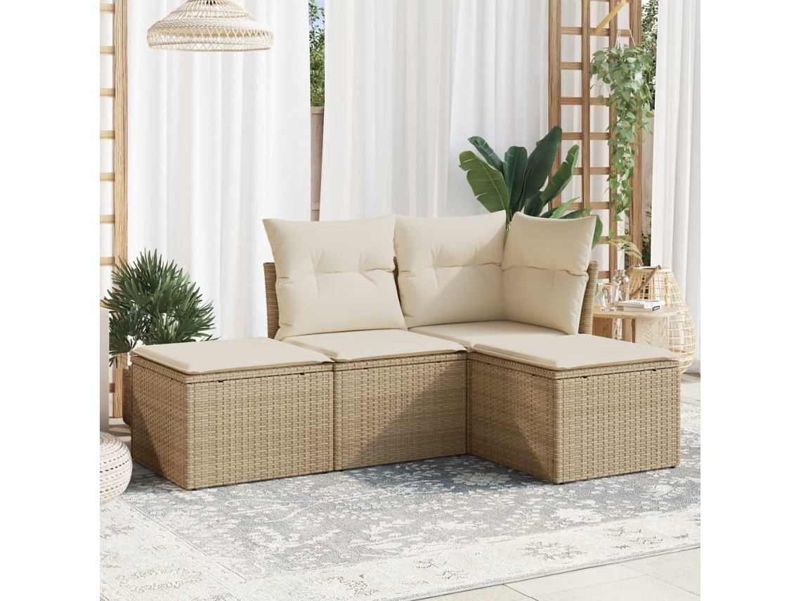 Vidaxl 4 Pcs Conjunto De Sofás Para Jardim C/ Almofadões Vime Pe Bege